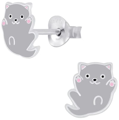 Joy|S - Zilveren kat poes oorbellen - 8 mm - kitten grijs