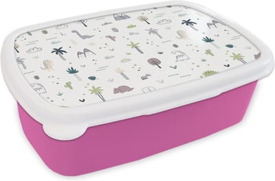 Broodtrommel Roze - Lunchbox - Brooddoos - Dinosaurus - Bomen - Patronen - 18x12x6 cm - Kinderen - Meisje