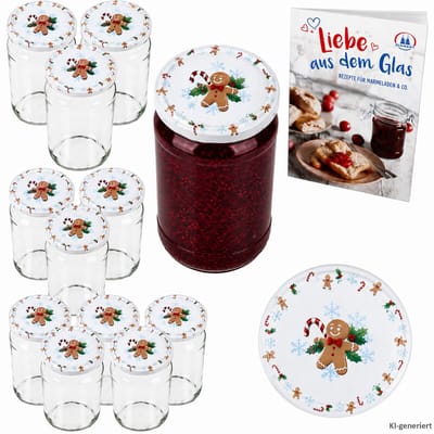 12-delige set ronde glazen 1062 ml tot 82 Candyman deksels incl. Diamant Gelierzauber receptenboekje