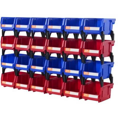 VEVOR kunststof opbergbak (5 inch x 4 inch x 3 inch), hangende stapelbare opbergbak, blauw/rood, verpakking van 24, stevige stapelbare containers voor kast-, keuken-, kantoor- of voorraadkastorganisatie