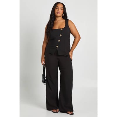 boohoo Dames Plus Asymmetrisch vest met gouden randdetails en wijde getailleerde broek Co Ord | Zwart | Maat: 44
