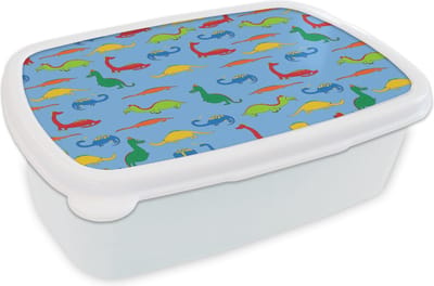 Broodtrommel Wit - Lunchbox - Brooddoos - Draak - Dinosaurus - Patronen - Kinderen - Baby - Jongens - Meisjes - Kids - 18x12x6 cm - Volwassenen