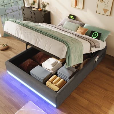 MODENUIT Gestoffeerd Bed 90x200 cm – Zonder matras – LED-verlichting met USB-C en USB – Hydraulische Opbergruimte – Grijs