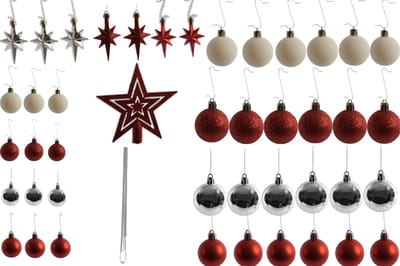 Kerstballen met 50 Kerstbalhaakjes 3-4cm 44-delig |decoratie met en piek rood zilver met glitters ketting |kunststof kerstbal