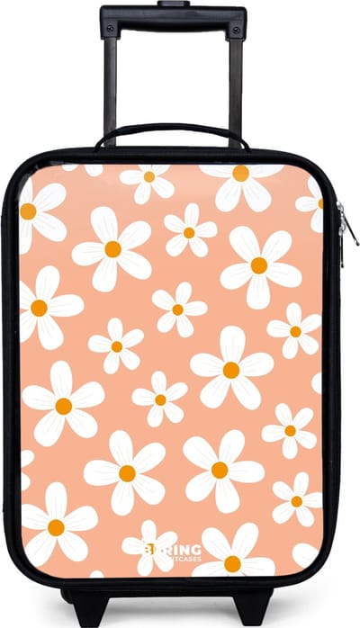 NoBoringSuitcases.com® - Kinderkoffer jongen - Kindertrolley meisje - Madeliefjesmania perzik - Koffer kind lichtgewicht - Reiskoffer trolley voor kinderen - Koffertje met lichtgevende wieltjes - Rolkoffer zwart