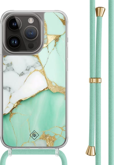 Casimoda® hoesje met mintgroen koord - Geschikt voor iPhone 14 Pro - Marmer Mintgroen - Afneembaar koord - TPU/polycarbonaat - Mint