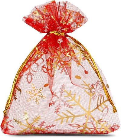 Kerst zakjes Organza - 8 x 10 cm - 10 stuk - Rood met  Gouden Sneeuwvlokken - Kerstverpakking Kerstdecoratie Kerstversiering