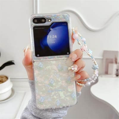 Tulp Bloem flip 6 5 Armband Polsband Hoes Luxe Shell patroon voor Samsung Galaxy Z Flip 6 5 4 3 Z5 Z6 5G Hoesjes Cover for Samsung Z Flip 6 black