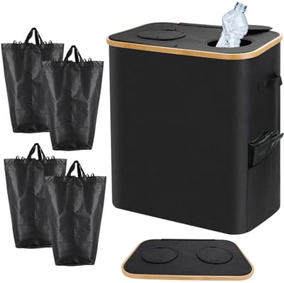 OmGoods - Dailygoody - Recycling Bin - Afvalscheiding - 140 L met deksel - Zwart - Flesseninzamelaar - Geschikt voor keuken - 2 compartimenten