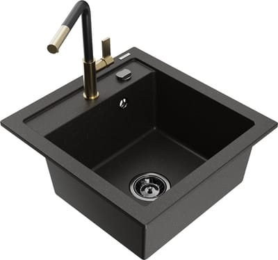 Mexen Vito granieten spoelbak 1-komerig met keukenkraan Flora, zwart/goud metallic - 6503-75-670401-57-B