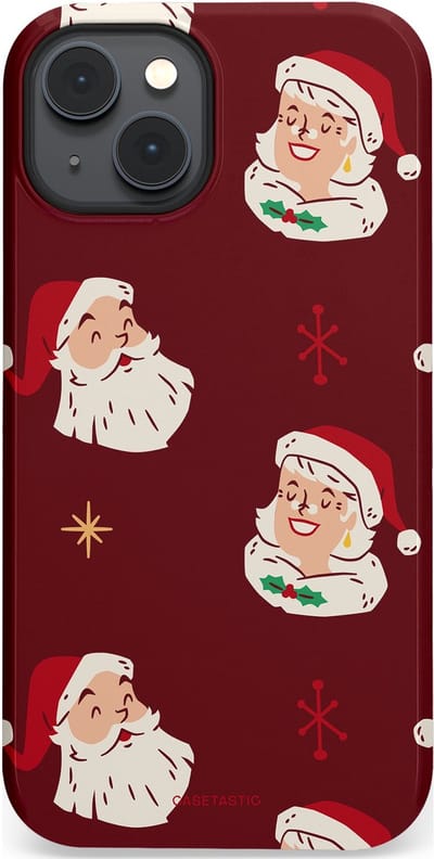 Casetastic hoesje geschikt voor Apple iPhone 14 Plus - MagSafe - Dubbellaagse bescherming - Mr. & Ms. Santa - Kerst - Fashion Case - Bordeaux Lichtgrijs Taupe