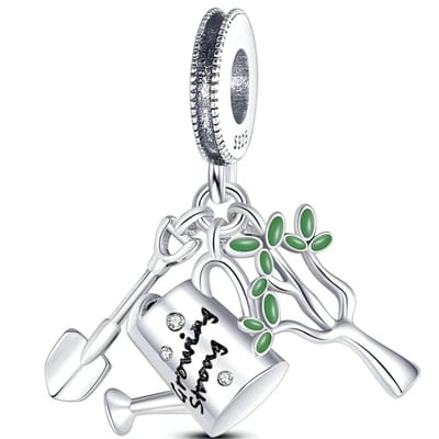 Fler® | Bedel | Past op populaire bedelarmbanden (standaard - 3mm) | Gieter, Boom & Schepje Trio Tuinbedel | Hangbedel Charm | 925 sterling zilver | Transparante zirkonia | natuur bedel | emaille | Tuineren bedel | Valentijnsdag Cadeau | Sinterklaas
