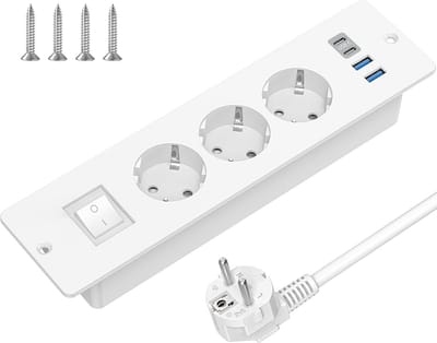 Inbouwstekkerdoos met 3 Stopcontacten en USB-C voor Werkblad