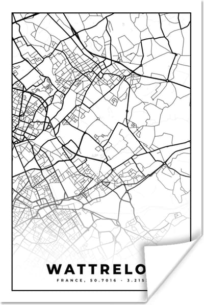 Poster Frankrijk – Kaart – Plattegrond – Stadskaart - Wattrelos - Zwart wit - 120x180 cm XXL