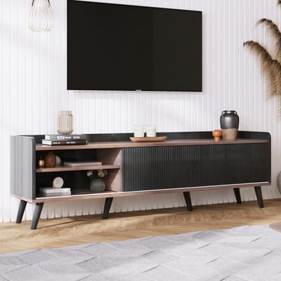 DESMIU Tv Meubel - Met 2 Schuifdeuren En 2 Lades - Ruim Opbergen Voor Woonkamer - Spaanplaat En Houten Poten - 160x40x58 Cm - Zwart