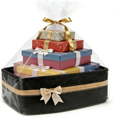 Lege Cadeaumand voor Opslag, Geweven Mand met Cadeautassen en Ribbons, Organiser voor Handdoeken, Woven Opbergmand voor Verjaardag, Bruiloft en Pasen (Zwart)