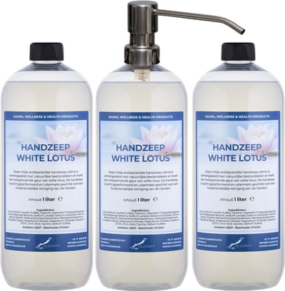 Handzeep White Lotus 1 liter - set van 3 stuks - met gratis RVS zilverkleurige pomp - Voordeelverpakking