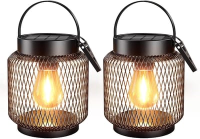 Solarlampen voor buiten - Metalen lantaarns - Tuinverlichting aanleggen - Automatische aan/uit sensor - 2 stuks - Zwart