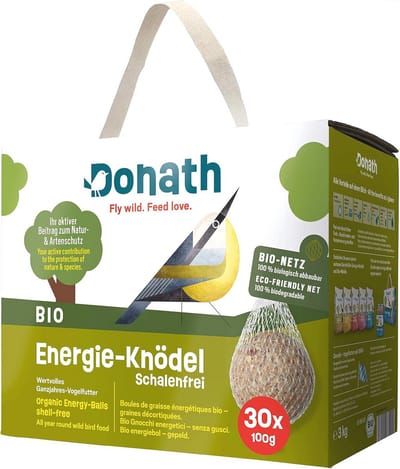 Donath BIO Energiebol Gepeld, in een bio-netje - mezenbol in een bio-netje - 100g per bol - gepeld - waardevol vogelvoer voor alle seizoenen - geproduceerd in Zuid-Duitsland