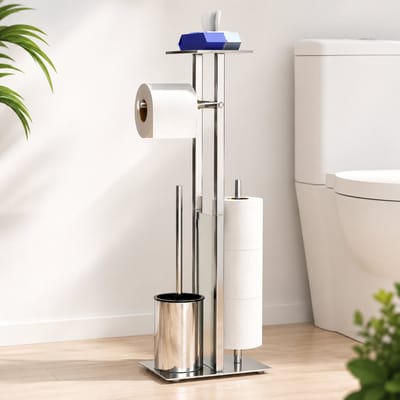 Dutchers® Roestvrijstalen toiletpapierhouder - Toilethouder Staand met WC-borstel - Toiletpapierhouder met plateau - Wc-rolhouder met wc-borstel - Staande wc-rolhouder - Met glazen plank (chroom)