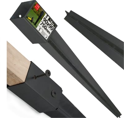 LUN FIX - Inslaggrondhuls 90x90mm hoogte 750mm wanddikte 1.8 - Staal zwart gepoedercoat - Voor hekwerk, pergola, carport - Paalhuls zonder beton