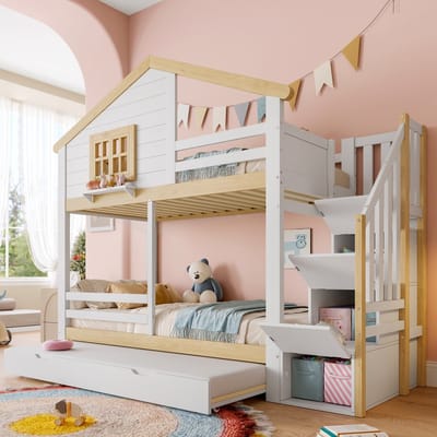 Sweiko Stapelbed - 90x200 cm - met Uitschuifbaar bed - Opbergladder - Huisontwerp - Wit + Natuurlijke
