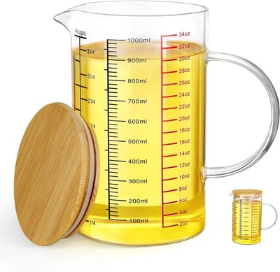 1L Maatbeker Glas, 1000ml glazen maatbeker met handvat en schaal, hittebestendig borosilicaatglas, nauwkeurige maatbeker voor keuken en laboratorium, ideaal voor bakken, koken en mengen