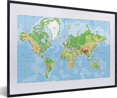 Poster in lijst - Fotolijst 60x40 cm - Posters - Wereldkaart - Atlas - Topografie - Posterlijst zwart - Decoratie - Wanddecoratie woonkamer - Muurdecoratie slaapkamer