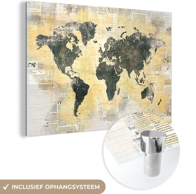 ® Glasschilderij 120x80 cm - Schilderij acrylglas - Wereldkaart - Goud - Krant - Foto op glas - Muurdecoratie woonkamer - Wanddecoratie slaapkamer - Schilderijen