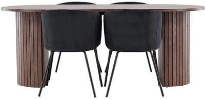 Härön eethoek tafel 90x200cm en 4 fluwelen stoelen met armleuningen mocca.