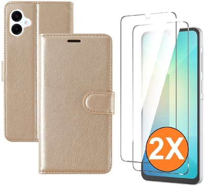 Hoesje geschikt voor Samsung Galaxy A07 hoesje Goud pasjeshouder telefoon hoes - Met screenprotector tempered glass voor Galaxy A07 4G / 5G - 2x