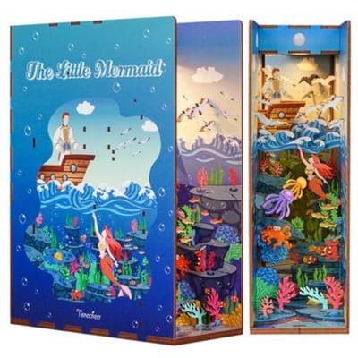 Tonecheer The Little Mermaid Book Nook Bouwpakket - Modelbouw - 18,2 x 8 x 24,5 cm - Houten 3D Puzzel - Boekensteun - LED-licht - Bewegingssensor Licht - Boekenhouder