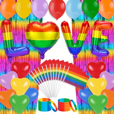 Dailygoods- Pride-accessoires bundel - 12 x Hand Vlaggen - 36 x Latex Ballonnen - 12 x Siliconen Polsbandjes - Folieballonnen "LOVE" - Diversiteit vieren - Pride Decoraties