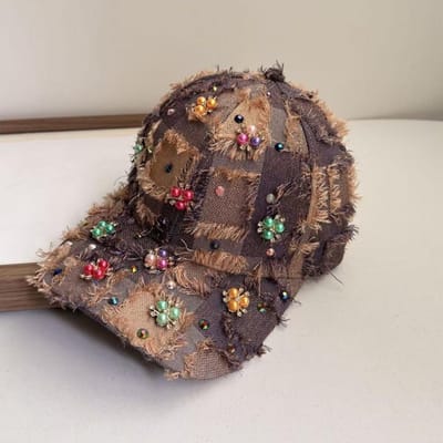 Casquette de baseball en tweed à fleurs perlées faites à la main élégante pour femme Chapeau de soleil de luxe style designer avec strass et perles Casquette de papa Adjustable black