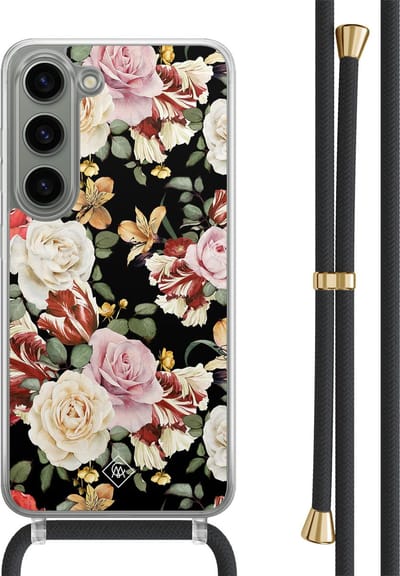 Casimoda® hoesje met zwart koord - Geschikt voor Samsung S23 - Bloemen flowerpower - Afneembaar koord - TPU/polycarbonaat - Multi