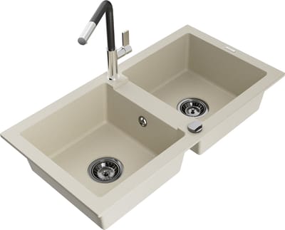 Mexen Mario granieten gootsteen met 2 compartimenten en keukenmengkraan Flora, beige - 6504-69-670401-07-B