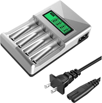 Gloovon® Universele Batterijlader - LCD Statusmonitor & 4 Slots - Ideaal voor Huishoudelijke AA en AAA Batterijen - Zilver
