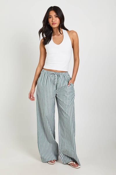 boohoo Dames Geweven Gestreepte Broek Met Elastische Taille En Wijde Pijpen | Groente | Maat: 36