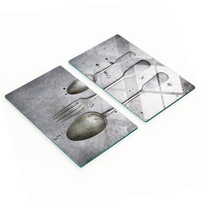Set van gehard glazen snijplanken met afbeeldingen en bestek, 2x30x52 cm