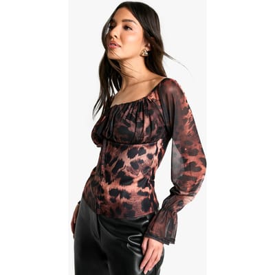 boohoo Dames Printed Bengaline Haken en Oog Corset met Bardot Mesh Mouw | Luipaardprint | Maat: 34