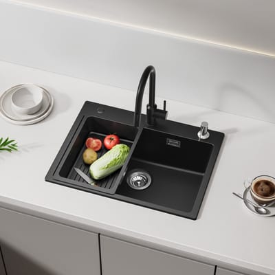 CECIPA max Spoelbak Keuken 60x45cm - Spoelbakken Met Keukenkraan Met Uittrekbare Uitloop Zwart - Granieten Spoelbak - Spoelbakken met afdruip - Enkele Spoelbak Met Afdruiprek