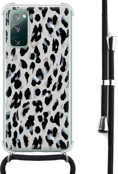 Hoesje met koord - Geschikt voor Samsung Galaxy S20 FE - Luipaard grijs - Verstelbaar zwart koord - Crossbody - Luipaardprint - Transparant, Grijs - Leuke Telefoonhoesjes