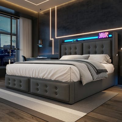 VVBV Gestoffeerd Opbergbed 160x200 cm - Hydraulische Opbergruimte, USB, Lattenbodem - Hout/Metaal Grijs - Zonder Matras