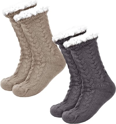 JAXY Huissokken - Huissokken Dames en Heren - Verwarmde sokken - Anti Slip Sokken - Fleece Sokken - Dikke Sokken - Fluffy Sokken - Slofsokken - Warme Sokken - Bedsokken - Gevoerde Sokken - Winter Sokken - 2 Paar - Grijs + Beige