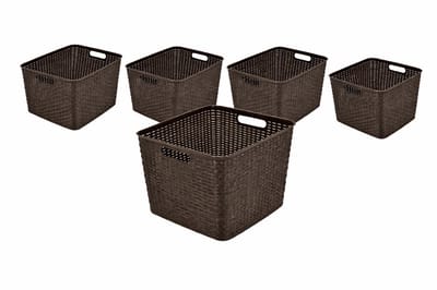 Opbergmand 28,5L Set van 5 Kunststof Rattan Design – Mandjes Riet Look – Opbergbox voor Kinderkamer – Keukenkast en Kledingkast Organizer – 40x34x23 cm