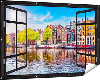 Gards Tuinposter Doorkijk Amsterdamse Huisjes aan het Water - 150x100 cm - Tuindoek - Tuindecoratie - Wanddecoratie buiten - Tuinschilderij