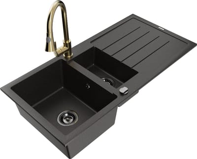 Mexen Andres granieten spoelbak 1,5-kamer met afdruiprek en keukenmengkraan Elia, zwart/gouden metallic - 6515-75-670101-50-B