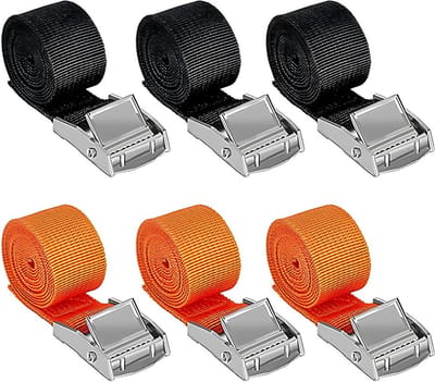 Spanbanden - Verstelbaar met Klemgesp Belastbaar tot 250 kg - Voor motor, fietsendrager, koffers, bagage en camping - Zwart Oranje 1 m x 2,5 cm 6 stuks