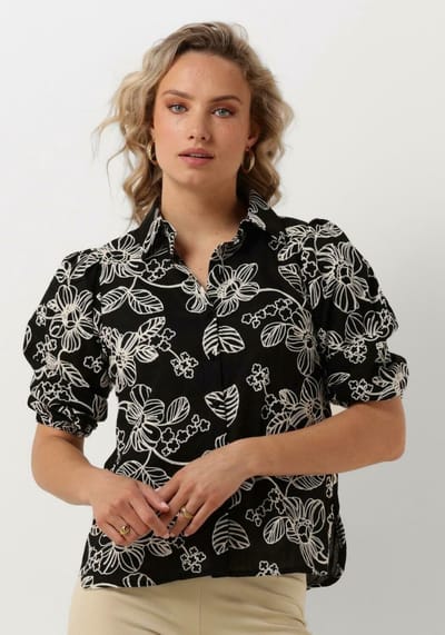 Jansen Amsterdam Wge722 Embroidered Blouse 3/4 Puffed Sleeve Dames - Jurken - Zwart - Maat XS