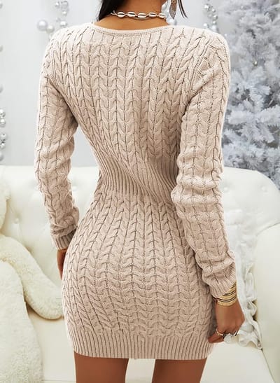 Dames gebreide trui-jurk met V-hals en ritssluiting - Elegante herfst- en winterjurk